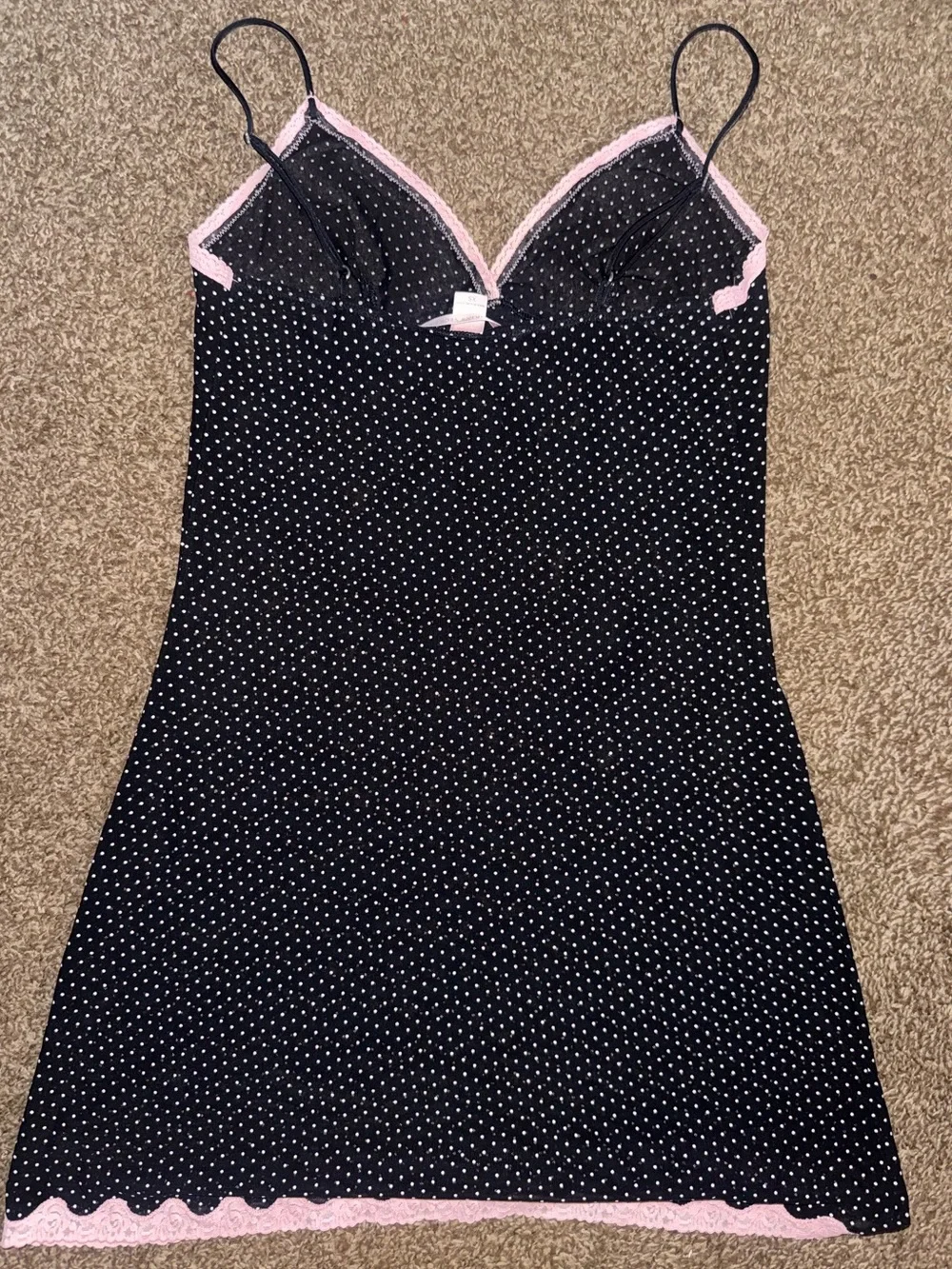 Victoria’s Secret Black Polka Dot Slip Dress with Pink Lace Trim